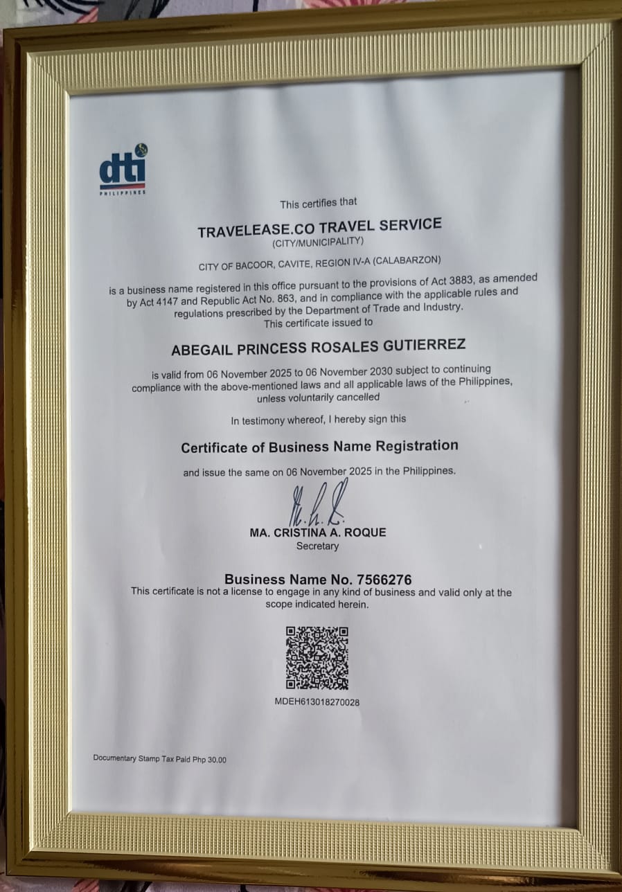 TravelEase.Co Travel Service - DTI Certificate of Business Name Registration